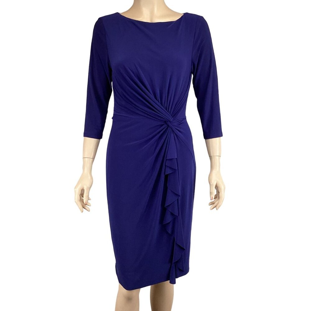 Lauren Ralph Lauren Dress‎ Size 4 Womens Blue 3/4 Sleeve Ruched Waist Ruffle